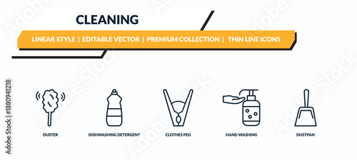 cleaning icons set - duster, dishwashing detergent, clothes peg, hand washing, dustpan outline vector collection.