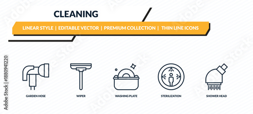 cleaning icons set - garden hose, wiper, washing plate, sterilization, shower head outline vector collection.