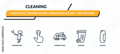 cleaning icons set - housekeeping, tap, garbage truck, garbage, solvent outline vector collection.