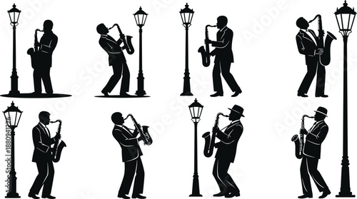 Saxophone player silhouette, street jazz, vintage lamp, musical pose, black figure, live performance, urban rhythm, classic suit, expressive sound, culture