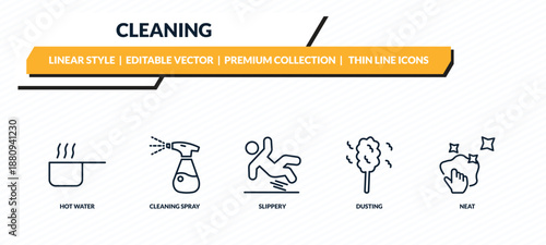 cleaning icons set - hot water, cleaning spray, slippery, dusting, neat outline vector collection.