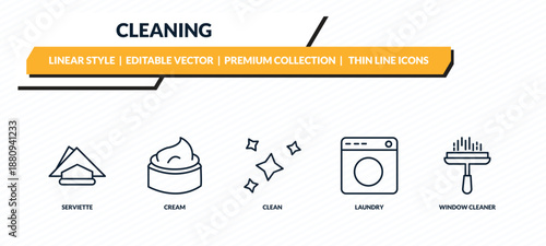 cleaning icons set - serviette, cream, clean, laundry, window cleaner outline vector collection.