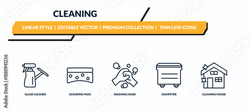 cleaning icons set - glass cleaner, scouring pads, washing hand, dumpster, cleaning house outline vector collection.