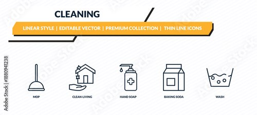 cleaning icons set - mop, clean-living, hand soap, baking soda, wash outline vector collection.