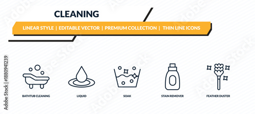 cleaning icons set - bathtub cleaning, liquid, soak, stain remover, feather duster outline vector collection.