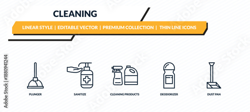 cleaning icons set - plunger, sanitize, cleaning products, deodorizer, dust pan outline vector collection.