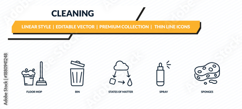 cleaning icons set - floor mop, bin, states of matter, spray, sponges outline vector collection.