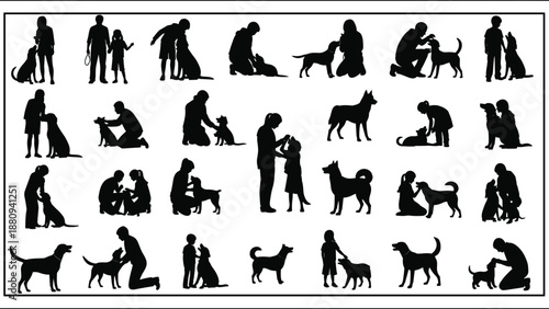 Black, and, white, silhouette, collection, of, people, interacting, with, dogs, featuring, playing, petting, walking, and, training, scenes, for, pet, care, and, lifestyle, designs.