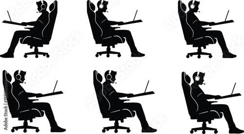 Remote worker silhouette, headset communication, laptop desk setup, black figure, office chair, online job, tech workspace, customer support, gaming, focus