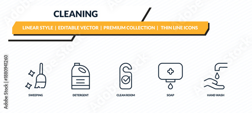 cleaning icons set - sweeping, detergent, clean room, soap, hand wash outline vector collection.