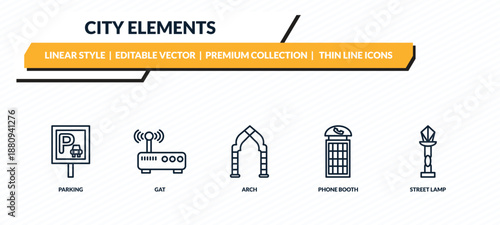 city elements icons set - parking, gat, arch, phone booth, street lamp outline vector collection.