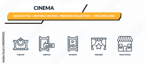 cinema icons set - turn on, subtitle, hd movie, premiere, ticket office outline vector collection.