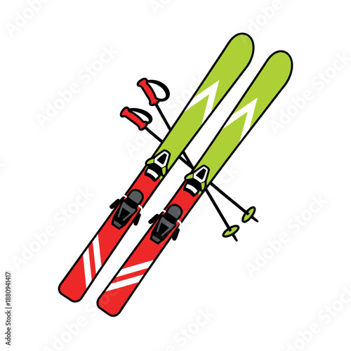 Vibrant red and green downhill skis with poles in a modern vector style, representing fast-paced winter adventure and professional ski gear.