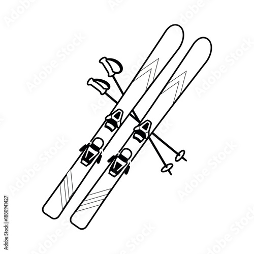 Detailed black and white outline of professional skis and poles, featuring technical details like bindings, ideal for icons or technical diagrams.