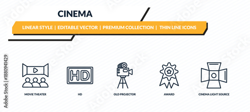 cinema icons set - movie theater, hd, old projector, award, cinema light source outline vector collection.