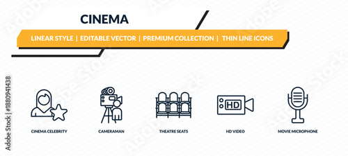 cinema icons set - cinema celebrity, cameraman, theatre seats, hd video, movie microphone outline vector collection.