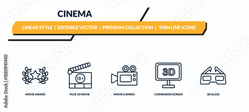 cinema icons set - movie award, plus 18 movie, movie camera, 3 dimension screen, 3d glass outline vector collection.