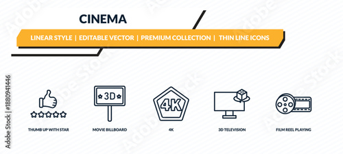 cinema icons set - thumb up with star, movie billboard, 4k, 3d television, film reel playing outline vector collection.