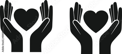 Two black heart silhouettes held by human hands, charity support icon set, medical care concept, isolated vector illustration for kindness and love.