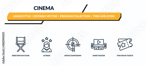 cinema icons set - director film chair, actress, movie countdown, home theater, two movie tickets outline vector collection.