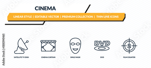 cinema icons set - satellite tv dish, cinema curtain, smile mask, dvd, film counter outline vector collection.