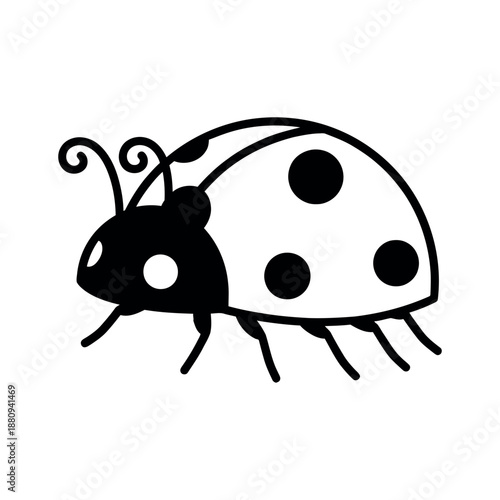 Cute black and white ladybug illustration with spots and curly antennae. Minimalist vector insect icon for nature and garden themes.