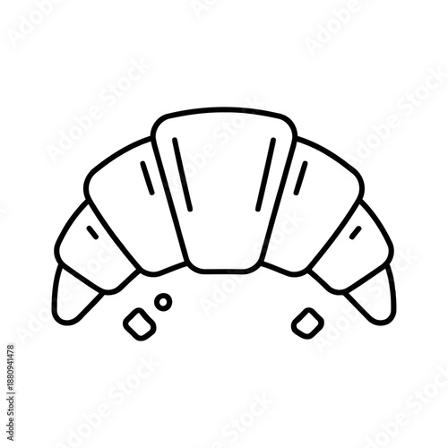 Detailed black line art illustration of a croissant with crumbs. Modern vector icon for coloring books, bakery logos, and breakfast menus.