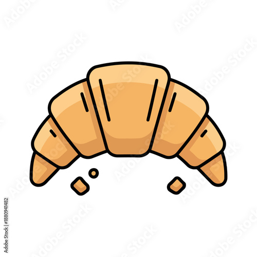Vibrant colored vector illustration of a flaky croissant with crumbs. Appetizing pastry icon for food blogging and bakery menus.