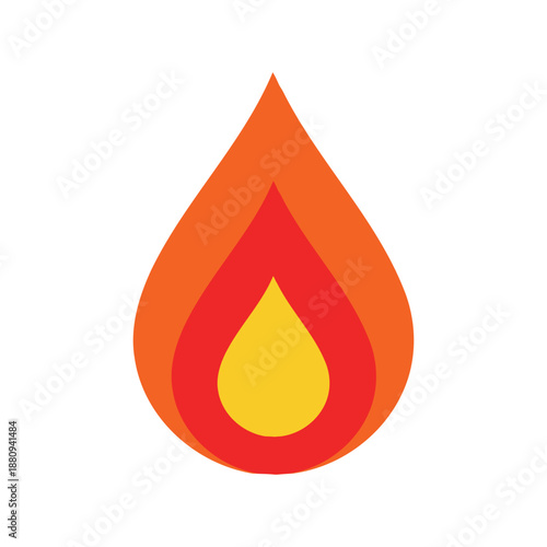 Stylized flat color icon of a fire or gas drop in orange, red, and yellow. Modern vector graphic for energy and heating services.