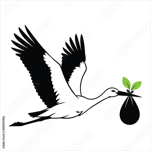Stork delivering a plant in a bag