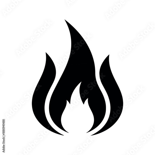 Solid black fire flame silhouette icon isolated on white. Bold vector graphic representing heat, energy, and power for logo design.