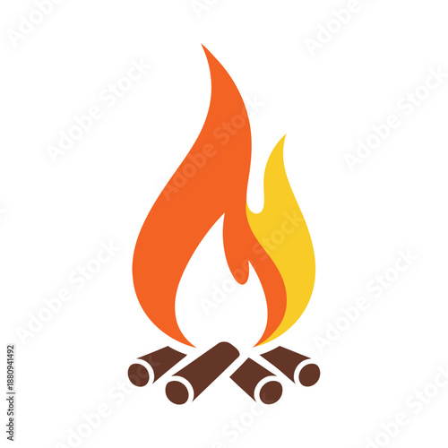 Vibrant flat color vector illustration of a campfire with burning logs. Warm outdoor icon for camping, travel, and adventure themes.