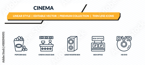 cinema icons set - popcorn bag, cinema snack bar, loud woofer box, box office, hd dvd outline vector collection.