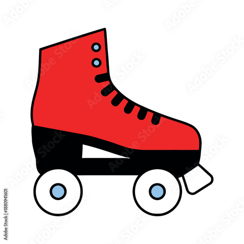 Bold red roller skate illustration with black and white accents. Vibrant retro-style vector icon for sports, fashion, and 80s nostalgia designs.