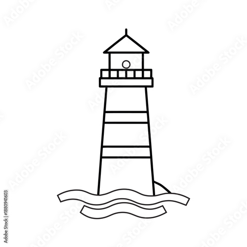 Minimalist lighthouse line art with waves. Black and white architectural vector icon for nautical, maritime, and coastal branding.