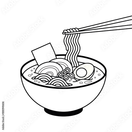 Ramen bowl line art with chopsticks lifting noodles. Dynamic black and white Japanese noodle soup illustration for food branding and coloring.