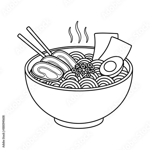 Minimalist ramen bowl line art with chopsticks, egg, and meat. Black and white Japanese noodle soup vector icon for coloring or menu design.