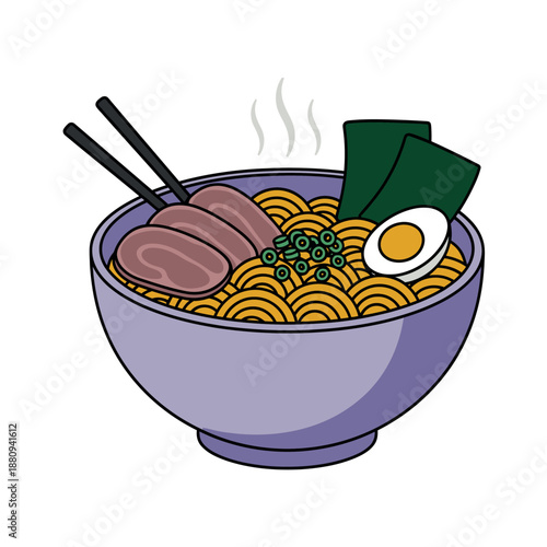 Vibrant ramen bowl illustration with yellow noodles, purple bowl, and fresh toppings. Flat design Japanese food vector isolated on white.