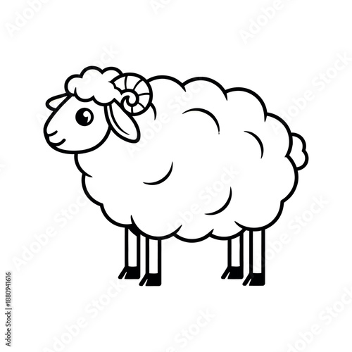 Adorable cartoon sheep outline with fluffy wool and horns. Minimalist black and white farm animal vector icon, perfect for kids and coloring.