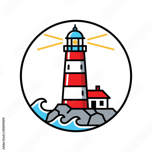 Red and white striped lighthouse badge with cottage and waves. Vibrant circular coastal scene icon for nautical logos and travel designs.