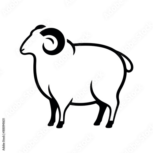 Bold black ram silhouette profile. Strong minimalist animal icon with curled horns, ideal for logos, emblems, and farm branding.