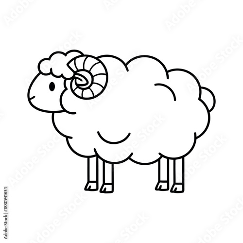 Simple smiling sheep line art illustration. Minimalist black and white vector icon of a happy ram for kids' education and coloring books.
