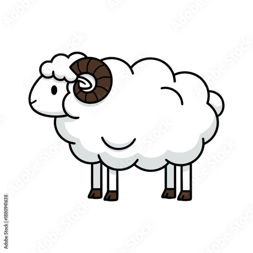 Happy cartoon sheep illustration with white wool and brown horns. Friendly farm animal character design isolated on white background.