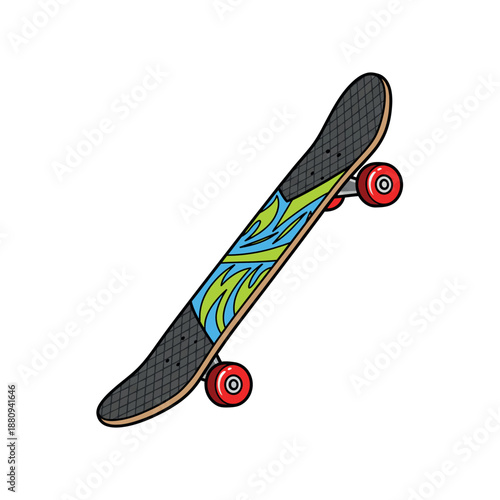 Detailed black line skateboard illustration with deck texture, angled view, isolated on white background.