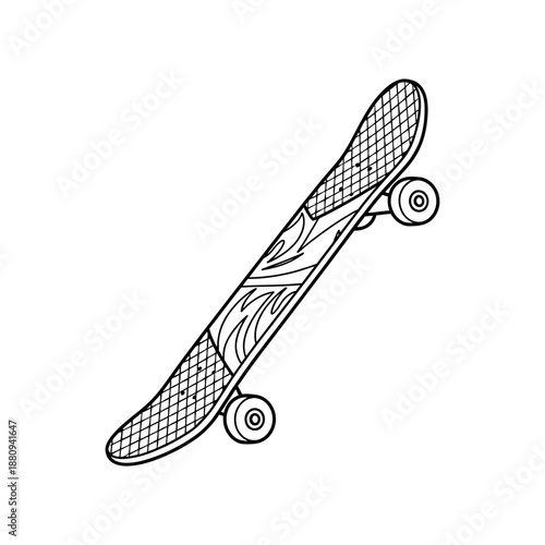 Black outline illustration of a skateboard in angled perspective, isolated on white background, clean line art style.
