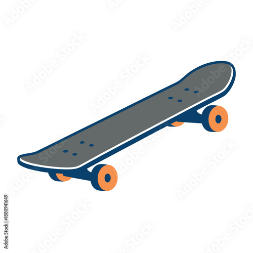 Minimal black outline skateboard illustration in angled view, isolated on white background, clean simple lines.