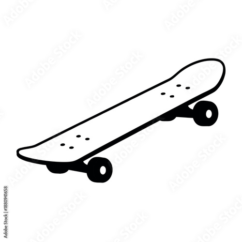 Isometric style black outline skateboard illustration, isolated on white background, modern minimal design.