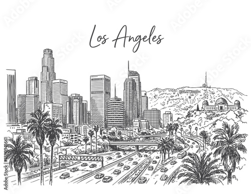 Hand drawn Black and White Los Angeles Cityscape Skyline Landscape Illustration