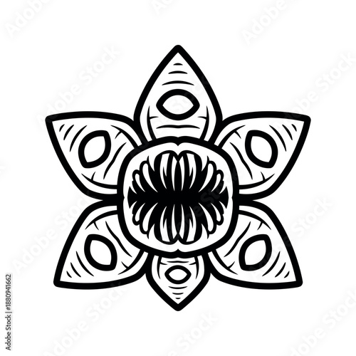 Black and white outline demogorgon from stranger things illustration with sharp petals and teeth, isolated on white background.