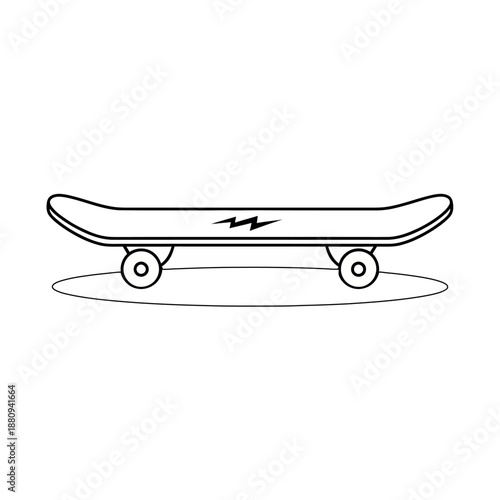 Black outline skateboard illustration in side view, minimal line art isolated on white background.